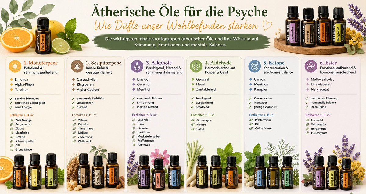 Ätherische Öle Psyche – Monoterpene, Sesquiterpene, Alkohole, Aldehyde, Ketone und Ester beeinflussen Stimmung, Emotionen und Wohlbefinden