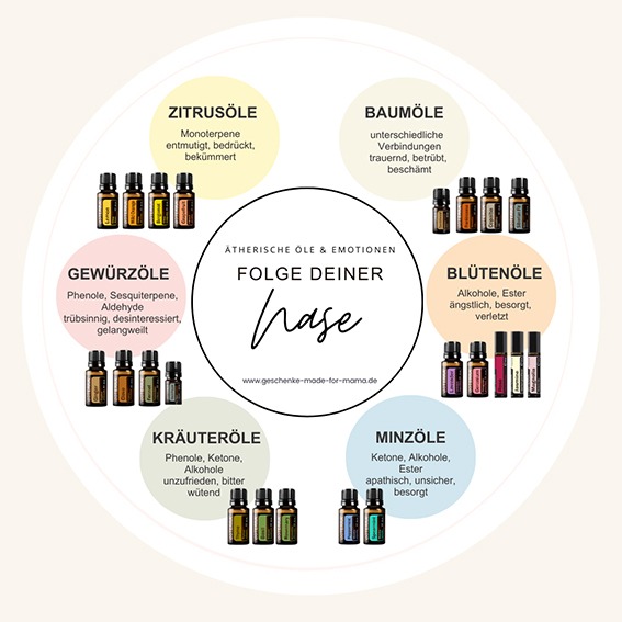 Ätherische Öle für die Psyche – Übersicht zu Duftgruppen und emotionaler Wirkung Übersicht ätherische Öle Psyche – Zitrus-, Baum-, Blüten-, Minz-, Kräuter- und Gewürzöle und ihre Wirkung auf Emotionen