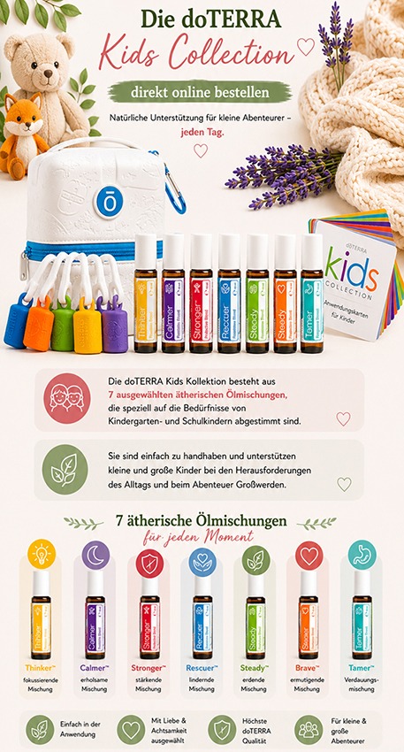 doTERRA Kids Collection mit sieben ätherischen Öl-Mischungen für Kinder ab 4 Jahren – praktische Roll-Ons für Alltag, Konzentration, Entspannung und Wohlbefinden.