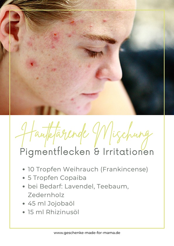 Hautklärende Mischung mit ätherischen Ölen bei Pigmentflecken und Irritationen. Hautklärende Mischung mit ätherischen Ölen gegen Pigmentflecken und Hautirritationen – Rezept mit Weihrauch, Copaiba und Jojobaöl