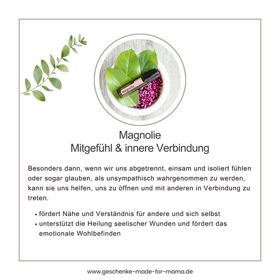 Magnolie ätherisches Öl – Mitgefühl, Sanftheit und innere Verbindung Flasche Magnolie ätherisches Öl mit zarten weißen Magnolienblüten, Symbol für Mitgefühl und Herzverbundenheit