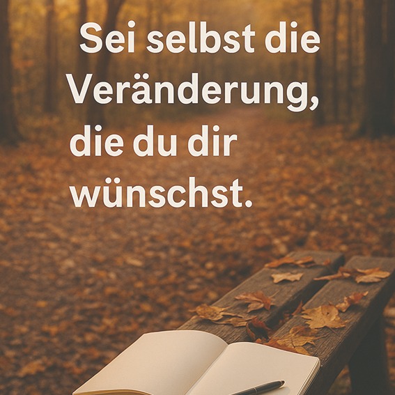 Sei selbst die Veränderung – Zitat über Biografiearbeit und ätherische Öle Herbstlicher Waldweg mit Notizbuch und Zitat „Sei selbst die Veränderung, die du dir wünschst“ – Inspiration für Biografiearbeit mit ätherischen Ölen