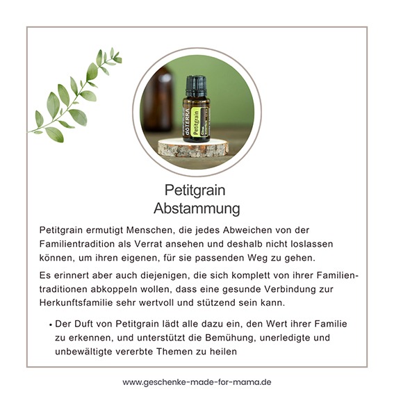 Petitgrain ätherisches Öl – doTERRA Öl der Abstammung und Familienmuster Fläschchen Petitgrain ätherisches Öl von doTERRA – unterstützt beim Loslassen belastender Familientraditionen und fördert gesunde Verbindung zur Herkunft