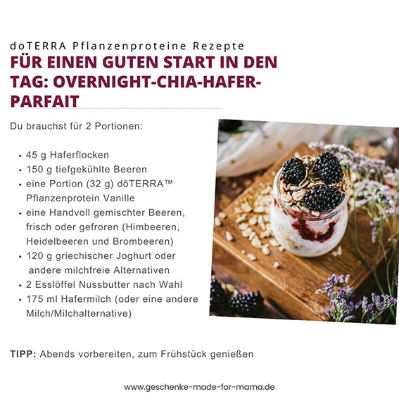 Rezept Overnight-Chia-Hafer-Parfait mit doTERRA Vanille-Pflanzenprotein, Haferflocken, Chiasamen, Beeren und Nussbutter – vegan, proteinreich und sättigend