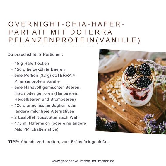 Overnight Chia Hafer Parfait mit pflanzlichem Vanille-Proteinpulver, Beeren und Nussbutter – proteinreiches Frühstück für Sättigung, Energie und stabilem Blutzucker