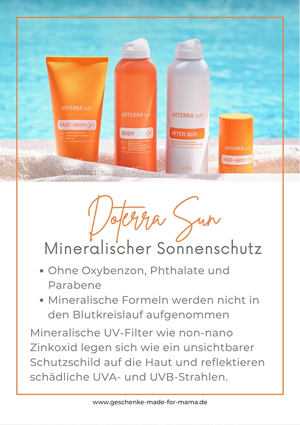 Mineralischer Sonnenschutz ohne Schadstoffe mit der doTERRA Sun Collection – frei von Oxybenzon, Phthalaten und Parabenen, schützt die Haut ohne hormonell wirksame Inhaltsstoffe