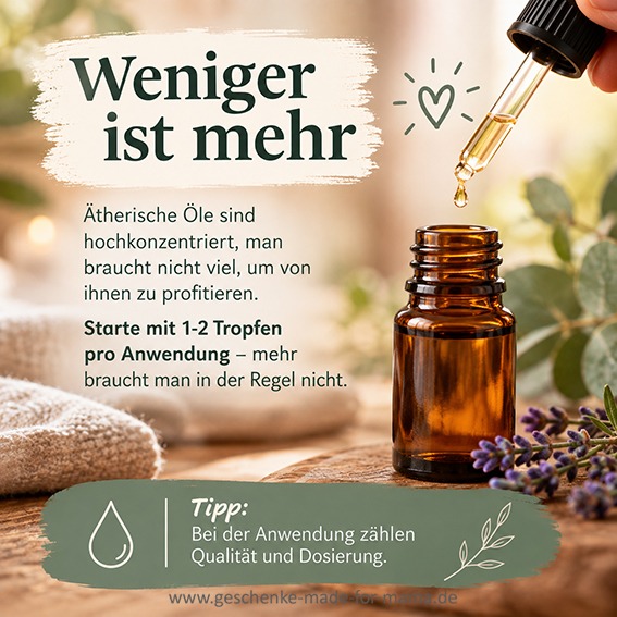 Ätherische Öle richtig dosieren: Hinweis „Weniger ist mehr“ mit 1–2 Tropfen pro Anwendung