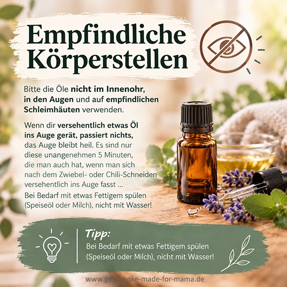 Hinweisbild zur sicheren Anwendung ätherischer Öle: Augen, Innenohr und empfindliche Schleimhäute aussparen