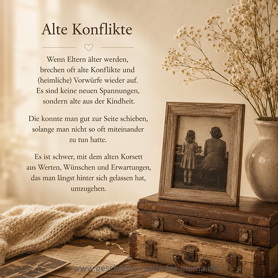 Illustration zum Thema alte Konflikte mit den Eltern: Nachdenklicher Text über Kindheitsprägungen, Familienmuster und emotionale Herausforderungen, wenn Eltern älter werden. Im Vordergrund ein altes Familienfoto und nostalgische Erinnerungsstücke.