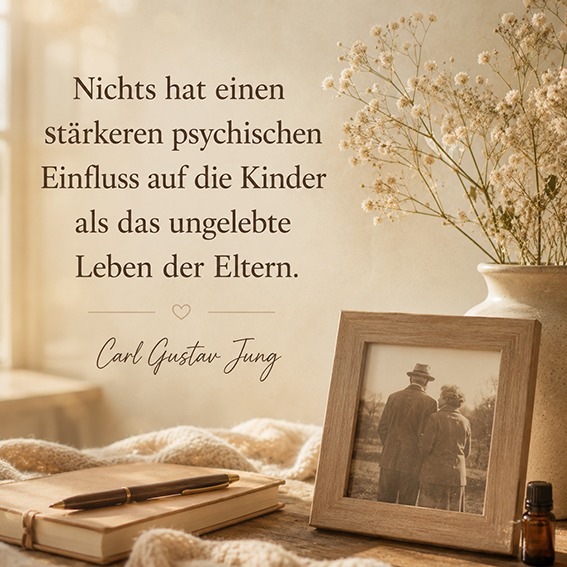 Zitat von Carl Gustav Jung: „Nichts hat einen stärkeren psychischen Einfluss auf die Kinder als das ungelebte Leben der Eltern.“ Symbolbild über Familienmuster, Kindheitsprägung und den Umgang mit alten Eltern.
