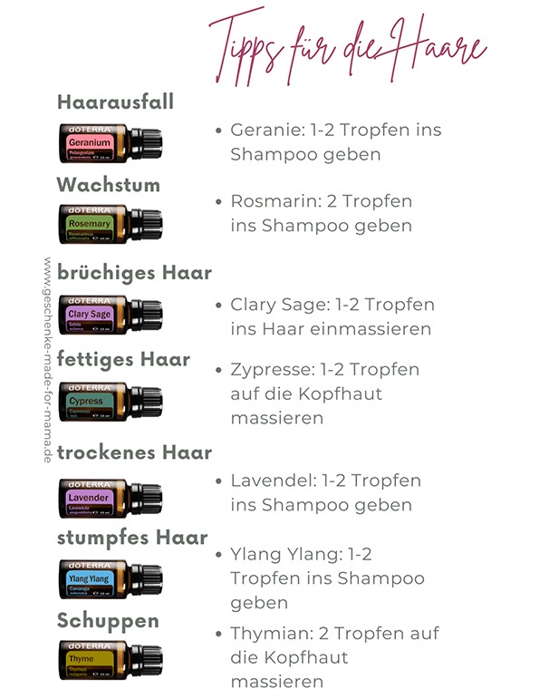 Haarpflege mit ätherischen Ölen – Tipps für gesundes Haar Haarpflege mit ätherischen Ölen: Geranie, Rosmarin, Clary Sage, Zypresse, Lavendel, Ylang Ylang und Thymian für verschiedene Haarprobleme wie Haarausfall, trockenes oder fettiges Haar