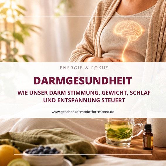 Article cover about gut health: glow of a brain near the belly, with title 'DARMGESUNDHEIT' and subtitle about how gut health affects mood, weight, sleep and relaxation (www.geschenke-made-for-mama.de).