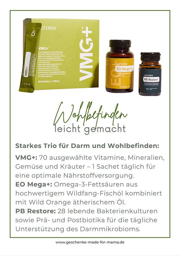 VMG+, EO Mega+ und PB Restore als Trio zur Unterstützung von Darmgesundheit und Wohlbefinden