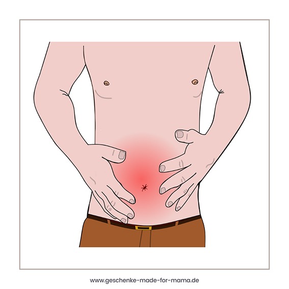 Wenn der Bauch spricht – typische Anzeichen von Verdauungsproblemen Cartoon einer Person mit schmerzenden Bauchbeschwerden, die sich an den rot markierten Bauch fasst – Symbol für Verdauungsprobleme