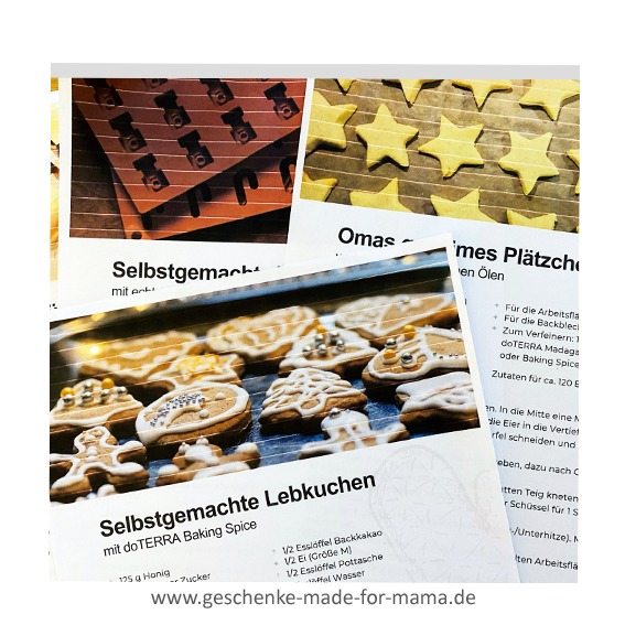 Vier weihnachtliche Rezeptseiten aus dem Gratis-PDF „Weihnachtsrezepte mit ätherischen Ölen“ mit Plätzchen, Pralinen und Geschenkideen zum Download im Shop Geschenke made for Mama.