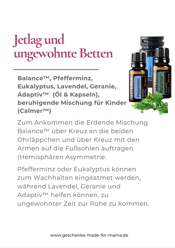 Ätherische Öle gegen Jetlag und ungewohnte Betten | Blog Geschenke made for Mama Ätherische Öle im Urlaub mit Balance, Lavendel, Geranie und Pfefferminz zur Unterstützung bei Jetlag und ungewohnten Schlafsituationen