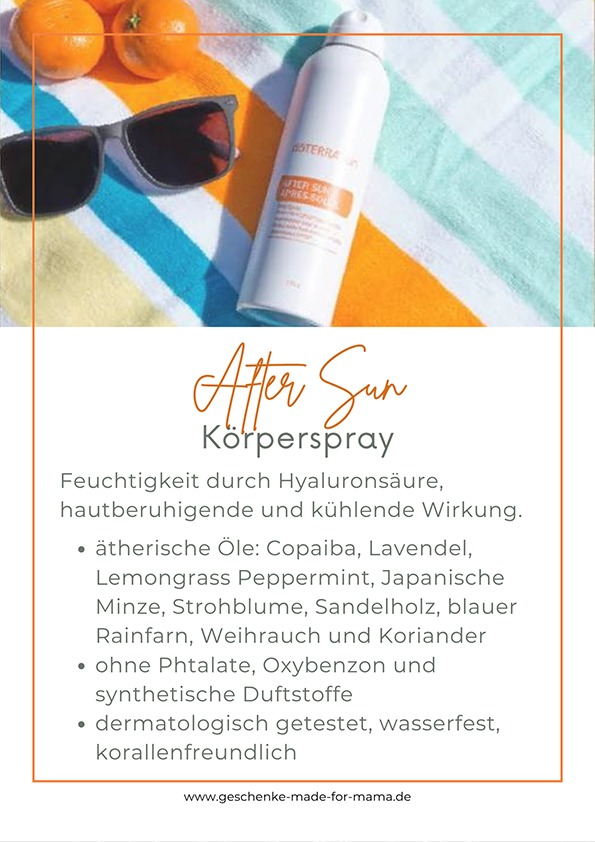 After Sun Körperspray mit ätherischen Ölen zur kühlenden und beruhigenden Pflege der Haut nach Sonne und Hitze