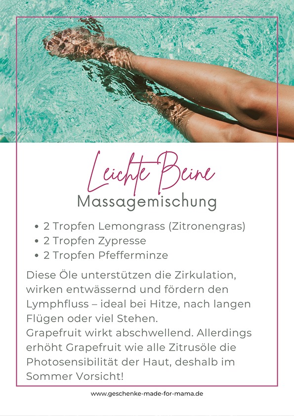 Massagemischung mit Zitronengras, Zypresse und Pfefferminze für ein Gefühl leichter Beine an heißen Sommertagen