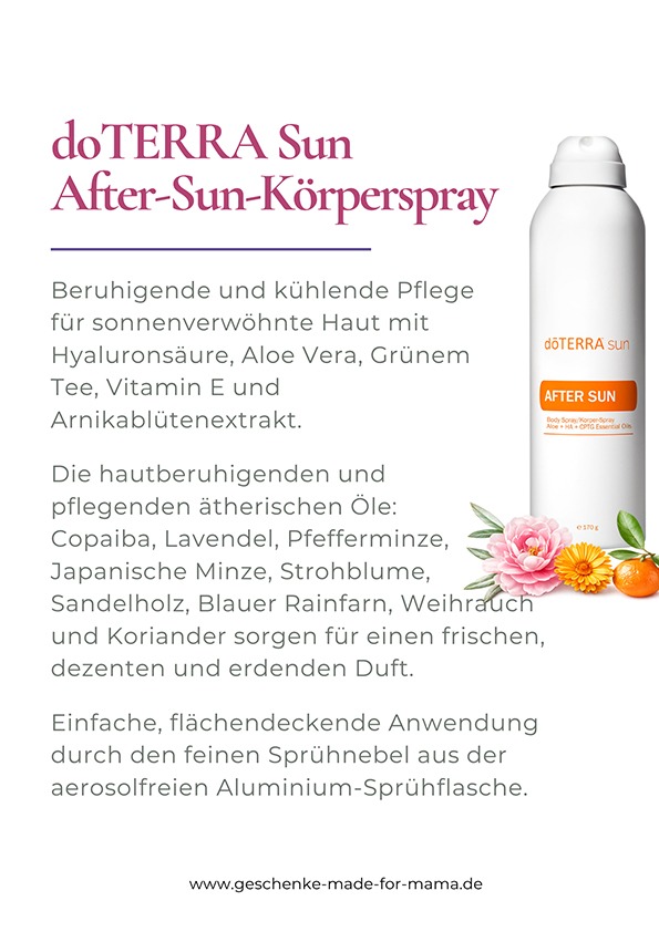 doTERRA Sun After-Sun-Körperspray – Beruhigende Pflege nach der Sonne | Blog Geschenke made for Mama doTERRA Sun After-Sun-Körperspray zur beruhigenden Pflege sonnenstrapazierter Haut mit Aloe Vera und Hyaluronsäure