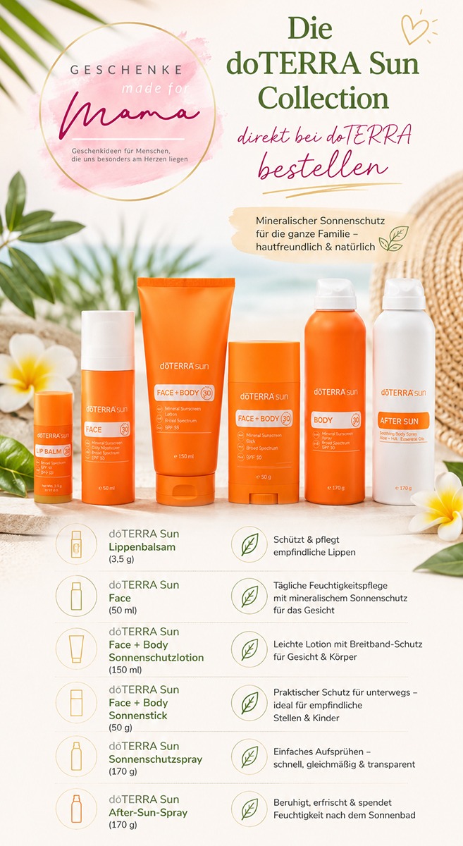 doTERRA Sun Collection – mineralischer Sonnenschutz für die ganze Familie | Blog Geschenke made for Mama doTERRA Sun Collection mit Lippenbalsam, Face, Face + Body Sonnenschutz, Sonnenstick, Sonnenschutzspray und After-Sun-Spray – mineralischer Sonnenschutz für die ganze Familie