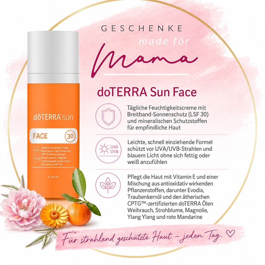 doTERRA Sun Face mineralische Feuchtigkeitscreme mit Breitband-Sonnenschutz LSF 30 für empfindliche Haut – leichte Formel mit Vitamin E und ätherischen Ölen