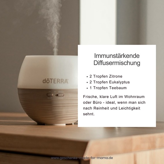 Ätherische Öle für ein gutes Raumklima – Diffusor Mischung Diffusor mit ätherischen Ölen und Rezept für eine immunstärkende Mischung: Zitrone, Eukalyptus, Teebaum – für frische, klare Luft im Wohnraum oder Büro