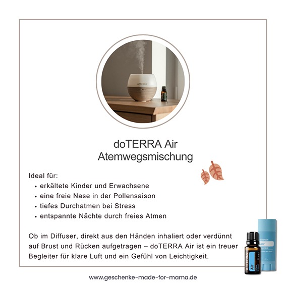 doTERRA Air Atemwegsmischung – frei durchatmen im Herbst Diffusor mit doTERRA Air Atemwegsmischung, 15 ml Fläschchen und Vapor Stick – für freie Atemwege, klares Durchatmen und entspannte Nächte
