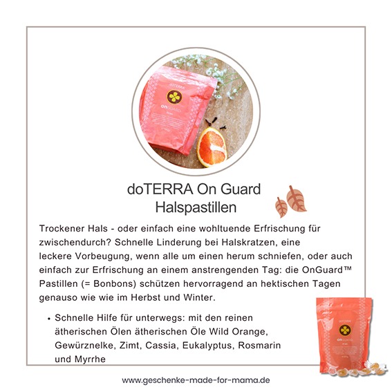 doTERRA On Guard Halspastillen – wohltuende Halsbonbons mit ätherischen Ölen doTERRA On Guard Halspastillen mit ätherischen Ölen – wohltuende Erfrischung und Unterstützung für Hals und Wohlbefinden im Herbst und Winter