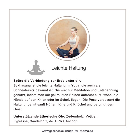 Sukhasana – Atembewusstsein und Erdung mit ätherischen Ölen Frau in Sukhasana (leichte Haltung, Schneidersitz) meditiert entspannt – Atembewusstsein mit ätherischen Ölen wie Zedernholz, Vetiver, Zypresse, Sandelholz und doTERRA Anchor.