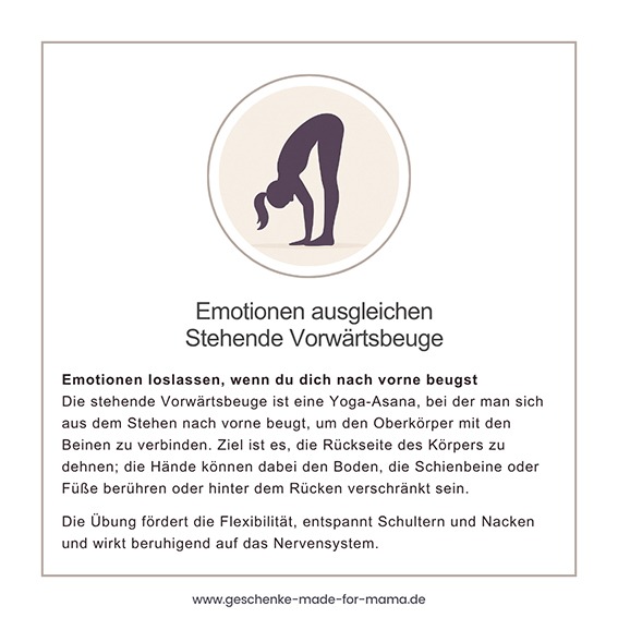 Uttanasana – Emotionen loslassen und zentrieren mit ätherischen Ölen Silhouette einer Frau in Uttanasana (stehende Vorwärtsbeuge) mit dem Text „Emotionen loslassen, wenn du dich nach vorne beugst“. Unterstützt durch doTERRA Align im Diffusor oder auf den Handflächen – zentrierender Duft für innere Ruhe und Klarheit.