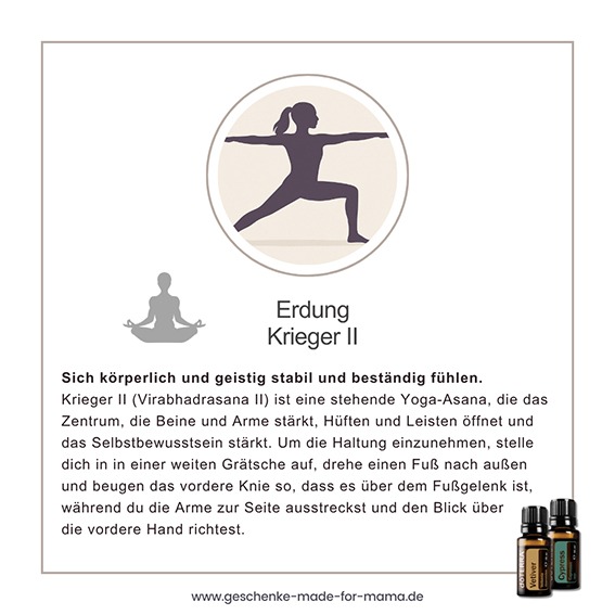 Silhouette einer Frau in der Yoga-Pose Warrior II (Virabhadrasana II) mit ausgestreckten Armen in kraftvoller Haltung.