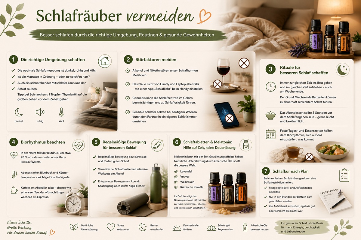 Warum wir schlecht schlafen – Schlafräuber vermeiden | Blog Geschenke made for Mama Schlafräuber vermeiden: Tipps für besseren Schlaf mit festen Routinen, gesunder Schlafumgebung und ätherischen Ölen