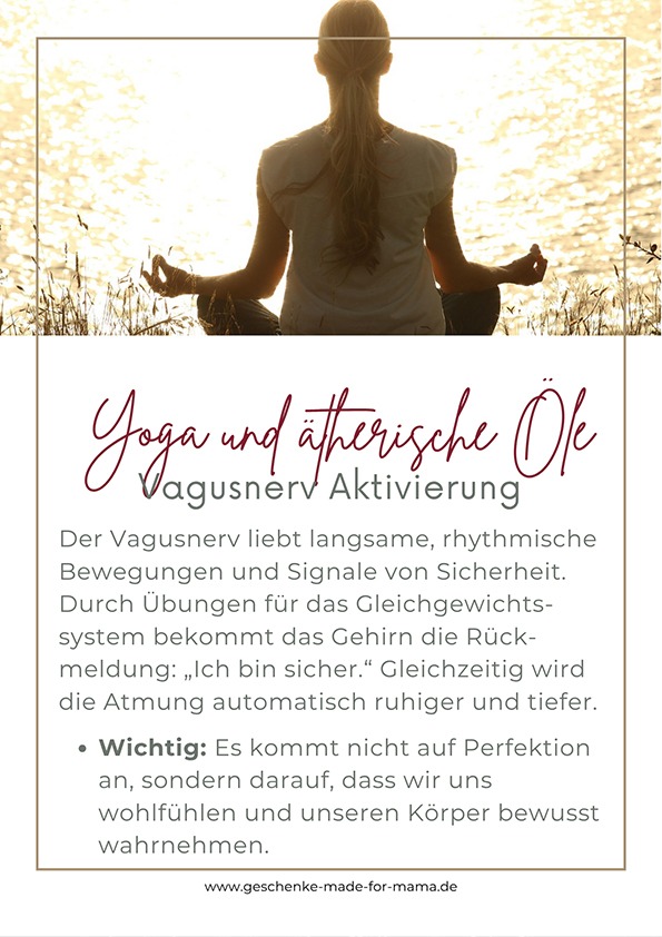 Yoga mit ätherischen Ölen – Vagusnerv aktivieren und entspannen | Blog Geschenke made for Mama Informative poster about Yoga and vagus nerve activation; silhouette of a person meditating by a sunlit lake with explanatory German text and a website.