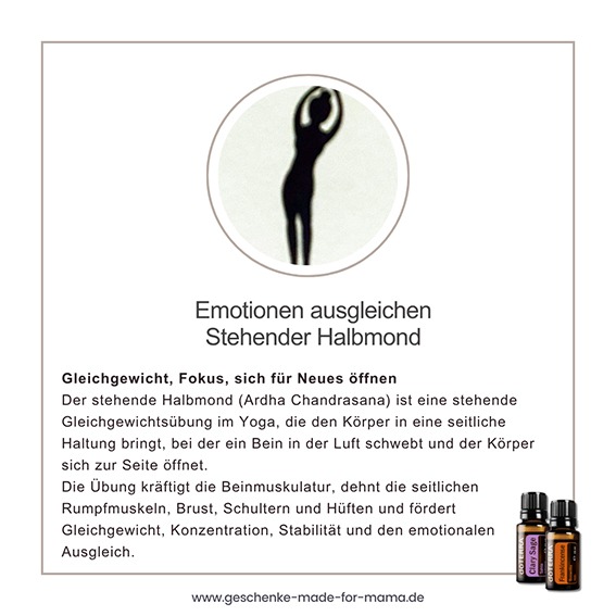 Silhouette einer Frau in der Yoga-Position Stehender Halbmond (Ardha Chandrasana) für Gleichgewicht, Fokus und Offenheit für Neues.