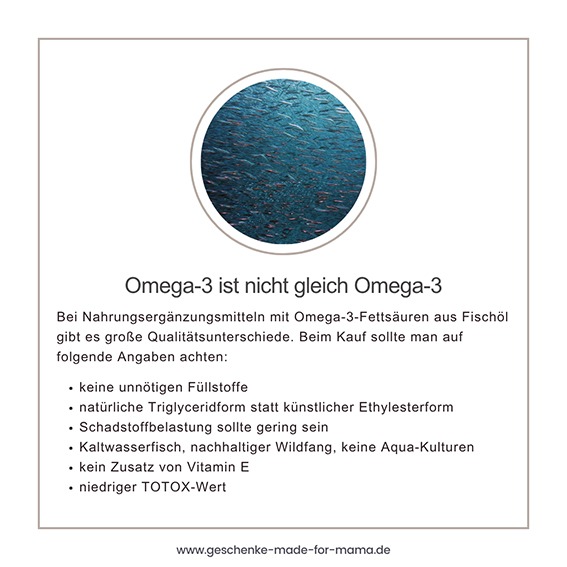 Qualitätsmerkmale von Omega-3-Fischöl – keine Füllstoffe, natürliche Triglyceridform statt Ethylester, geringe Schadstoffbelastung, Kaltwasserfisch aus nachhaltigem Wildfang, kein zugesetztes Vitamin E, niedriger TOTOX-Wert