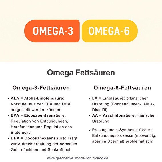 Grafik zeigt den Unterschied zwischen Omega-3 und Omega-6 Fettsäuren: Omega-3 wirkt entzündungshemmend und unterstützt Herz, Gehirn und Hormone; Omega-6 wirkt in zu hoher Menge entzündungsfördernd.