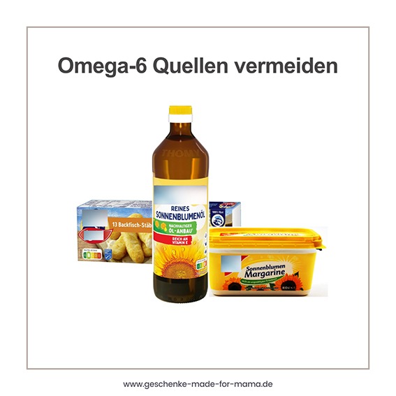 Omega-6 Quellen vermeiden: Sonnenblumenöl, Margarine und Fischstäbchen als typische Omega-6-reiche Lebensmittel