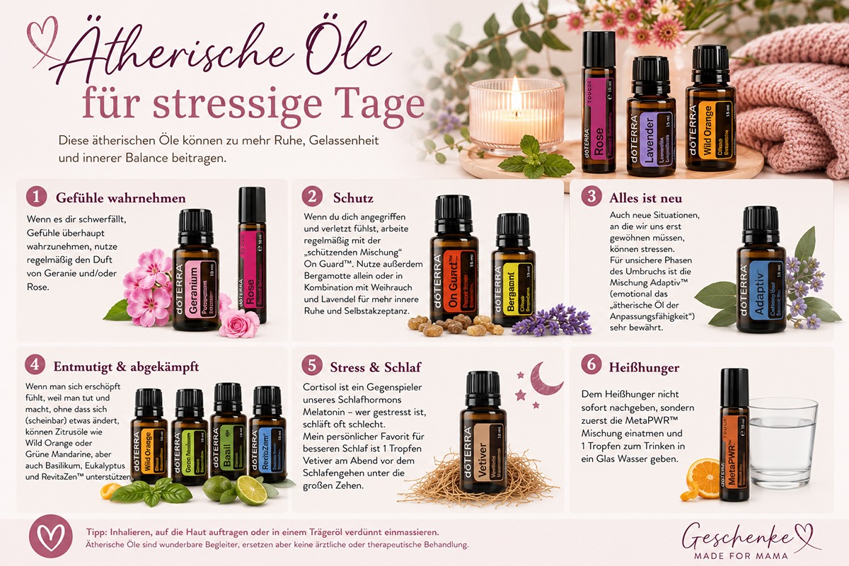 Ätherische Öle gegen Stress – natürliche Begleiter für mehr Ruhe | Blog Geschenke made for Mama Übersicht der besten ätherischen Öle gegen Stress mit Rose, Geranie, On Guard, Bergamotte, Weihrauch, Adaptiv, Wild Orange, Vetiver und MetaPWR für mehr innere Ruhe und Entspannung.
